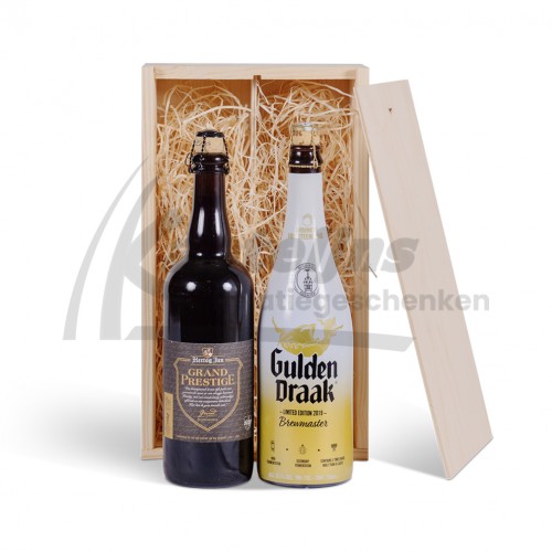 Product Luxe houten schuifkist 2 flessen speciaal bier 75 cl naar keuze